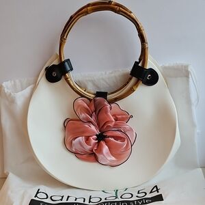 BAMBOO 54 Cream Recycle Rubber and Pink Floral Shoulder Bag With Bamboo Handles